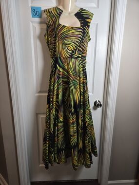 Ashro Maxi Dress with Green, Yellow & Purple Swirl Print 10 Cotton Fit & Flare